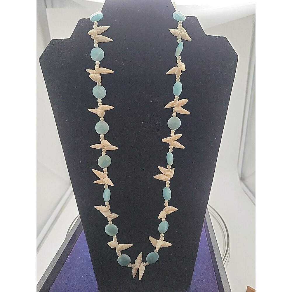24" Aqua & Shell Necklace Semiprecious Stone Quartz? Unique Beach Vintage Cream
